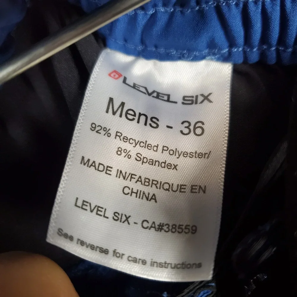 Level Six Cmb Slanted Board Shorts Men 36 Blue Black Logo Stretch Woven Swimwear